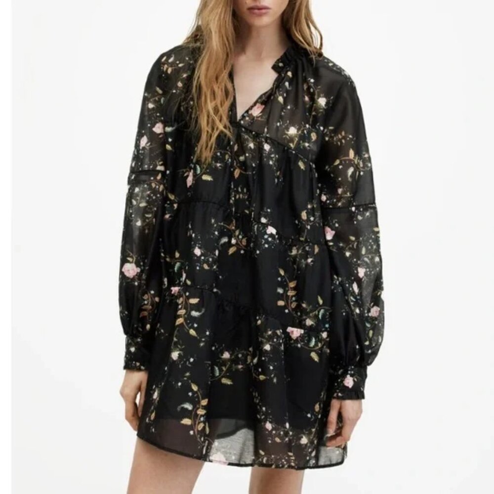 AllSaints Mindy Black Floral Trapeze Short Dress Sheer Whimsigoth Fairycore 6 - Picture 2 of 12